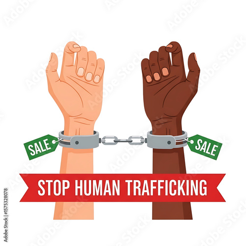 Diverse Hands Shackled with "Sale" Tags: Human Trafficking Awareness Illustration
