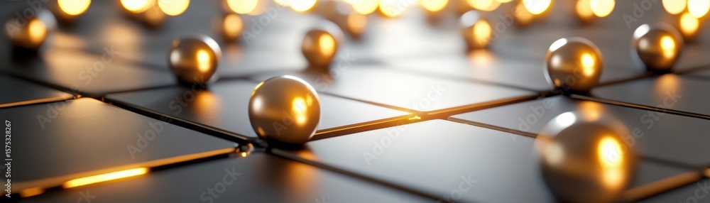 Metallic spheres scattered on a reflective grid surface with a warm glowing light, creating a modern and abstract visual effect, AI pipeline network Metallic spheres scattered on a reflective grid surface with a warm glowing light, creating a modern and abstract visual effect, AI pipeline network