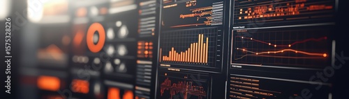 A close-up of multiple digital screens displaying various charts, graphs, and data analytics with orange and black color schemes, AI pipeline network