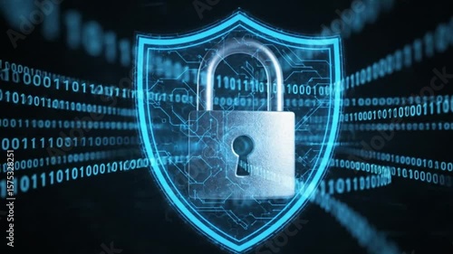 Animation showing the concept of data encryption with a digital padlock icon and flowing binary code. A modern visual representing information security, privacy protection, and cybersecurity technolog