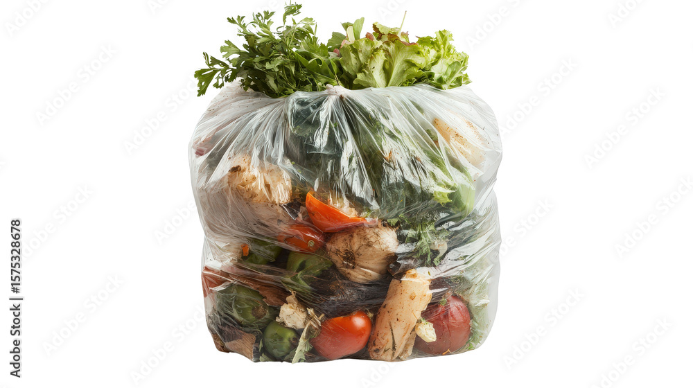 Naklejka premium Plastic bag-filled bin with kitchen scraps, background isolated on a Transparent background, PNG file.