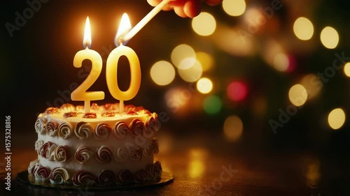 Happy birthday 20 celebration with a sweet chocolate cake, candles, and festive decoration