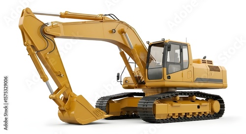 Yellow construction excavator on a white background, ready for work.