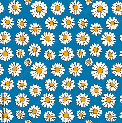 Seamless Pattern Large Scale Daisy Floral Design with Electric Blue Background and Thick Black Outlines 