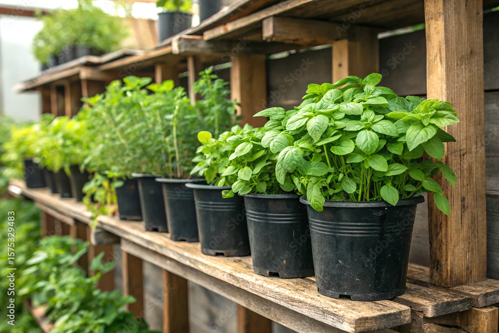 Vibrant green herbs growing in black pots on a rustic wooden shelf Vibrant green herbs growing in black pots on a rustic wooden shelf