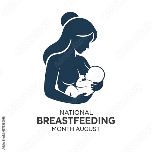 Silhouette of Mother Breastfeeding Baby, Dark Blue Graphic Design, Simple Style.