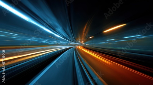 Abstract motion blur of a high speed train traveling through a brightly lit tunnel