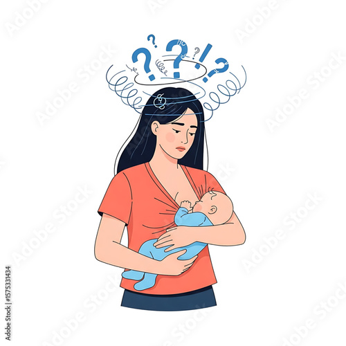 Worried Mother Breastfeeding Baby with Question Marks Above Head