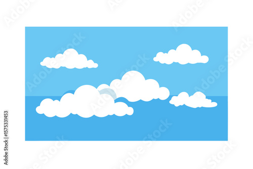 Stylized illustration of dark clouds partially obscuring a bright moon in a clear blue sky over a calm sea