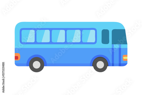 A simple flat design illustration of a bright blue passenger bus with multiple windows and grey wheels isolated on a black background