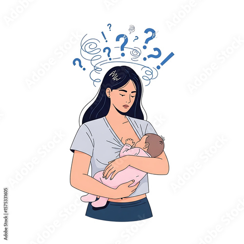 Stressed Mother Breastfeeding Baby with Question Marks and Exclamation Points