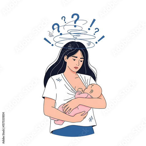 Stressed Mother Breastfeeding Baby with Question Marks and Exclamation Points