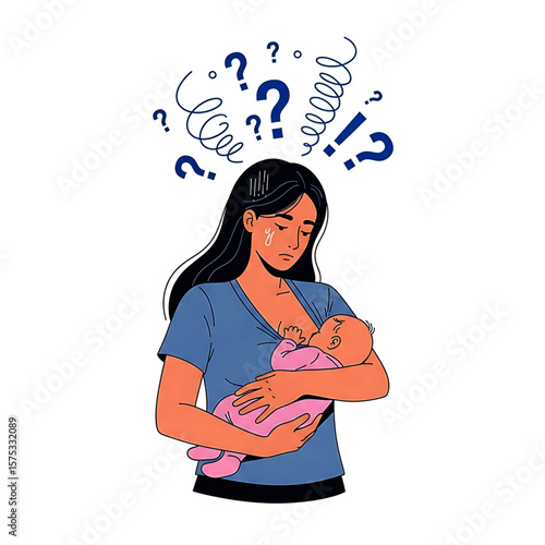 Stressed Mother Breastfeeding Baby with Question Marks Above Head