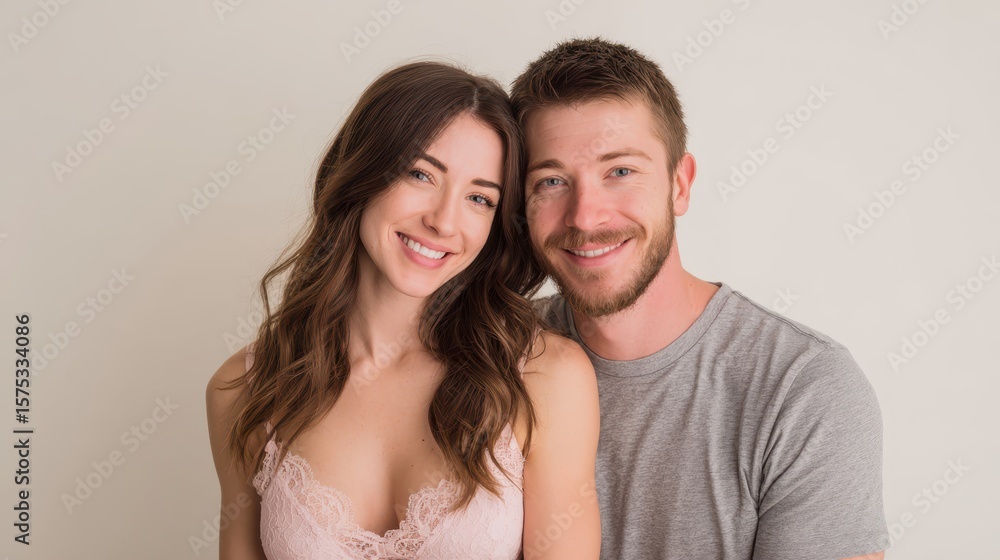 Fototapeta premium Happy couple embracing and smiling in a relaxed indoor setting, representing love, marriage, and modern relationship lifestyle themes.