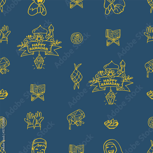 Seamless pattern with hand drawn elements for Ramadan Kareem. Vector illustration.