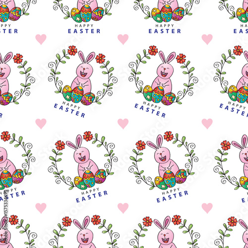 Happy easter seamless pattern cute bunnies, heart and flowers. Vector illustration.