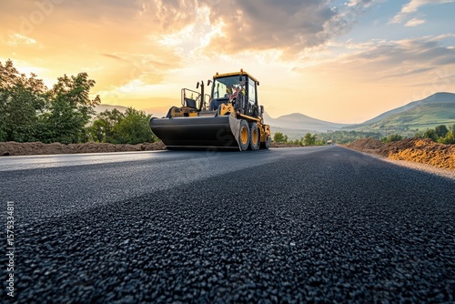 Evening construction on a new road surface with machinery operating in a scenic landscape, Moving Over Road Surface In The Evening