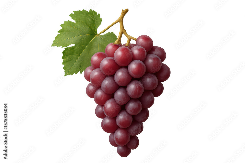 Obraz premium Ripe red grapes clustering on vine, verdant leaf visible, suspended against clean transparent background
