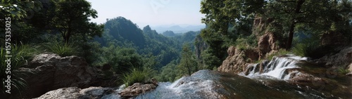 Panoramic 360 degrees hdr nature view waterfall forest landscape