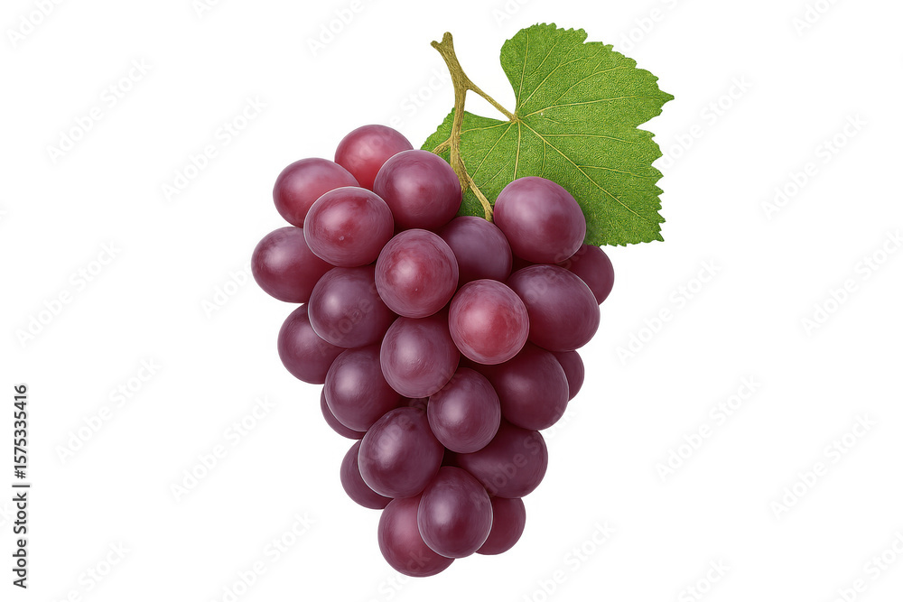 Fototapeta premium Ripe red grapes hanging on vine with green leaf, detached and isolated against transparent background