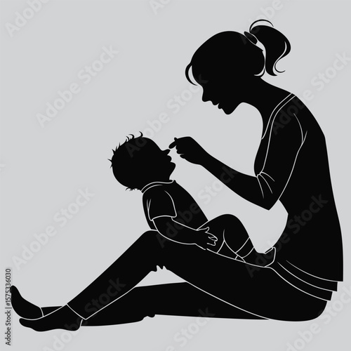 mother feeding baby on her lap silhouette vector design art and illustration