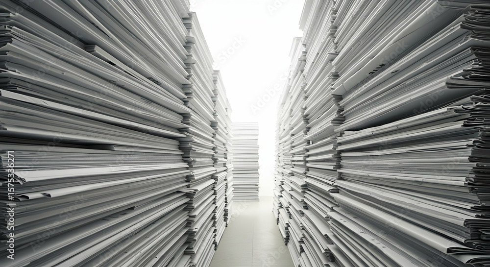 Obraz premium Massive Stacks of Paper Documents Archive Records Storage Information Overload Data Management Business Office Files Paperwork White Background