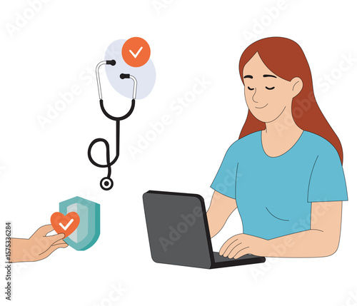Woman Using Laptop with Stethoscope and Health Shield Icon Digital Healthcare Concept Vector. Flat Design Woman Working Online with Medical Symbols Telemedicine and Health Security Illustration.