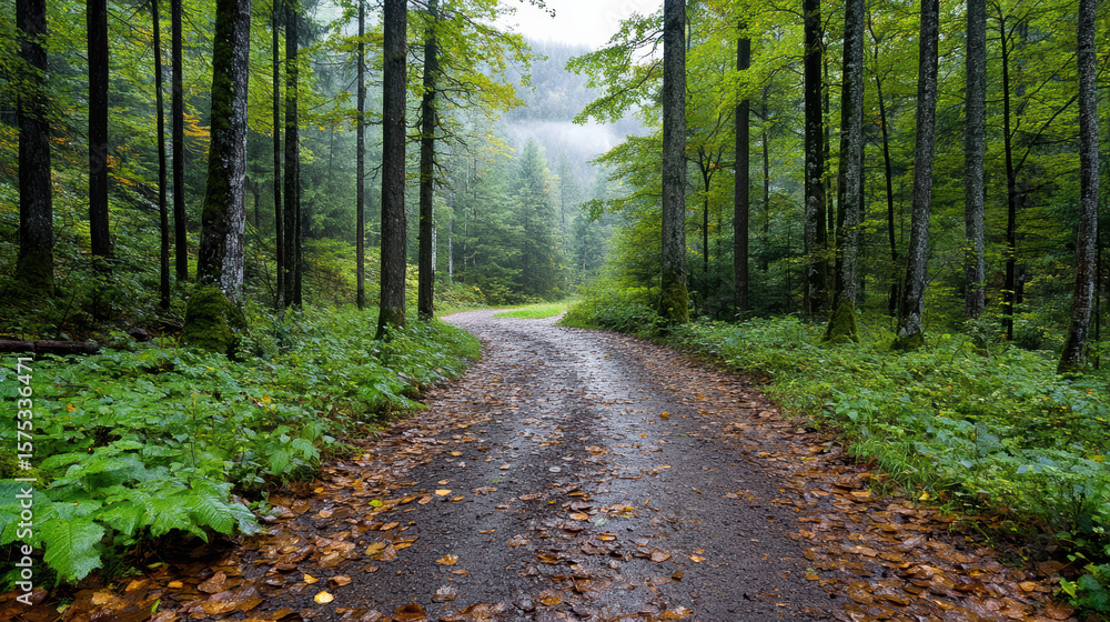 Fototapeta premium Gentle morning fog over empty trail in thick forest creates serene atmosphere