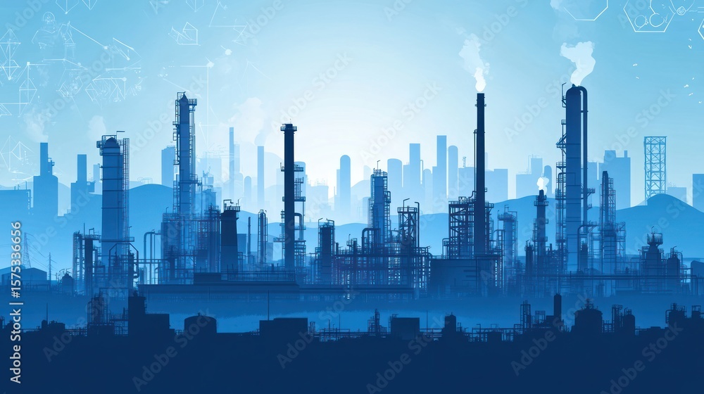 Obraz premium Industrial complex silhouette against a soft blue backdrop