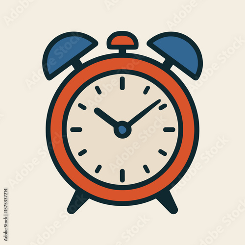 Vintage alarm clock with blue bells and orange details on beige background  