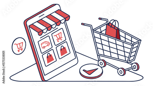 Online shopping mobile app e commerce store with shopping cart and bag for digital marketing design