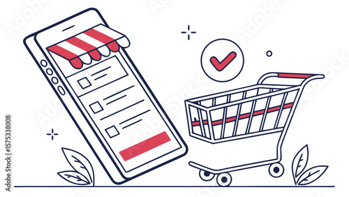 Online shopping mobile app concept with shopping cart and check mark for e commerce and retail sales