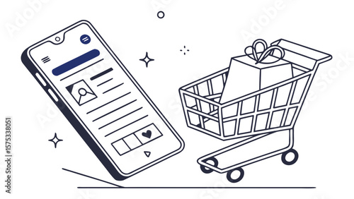 Online shopping on mobile app with gift in cart for e commerce and retail business concept design