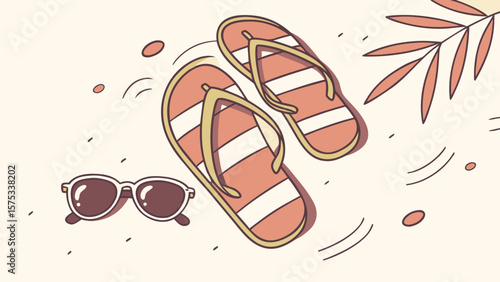 Summer beach vacation essentials flip flops sunglasses and palm leaf for relaxing holiday season getaway