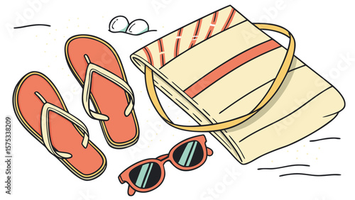 Beach essentials summer vacation accessories flip flops sunglasses and tote bag for travel lifestyle style
