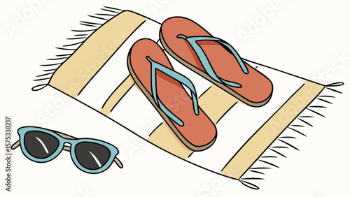 Beach essentials summer vacation concept with sunglasses flip flops and towel for travel holiday plans