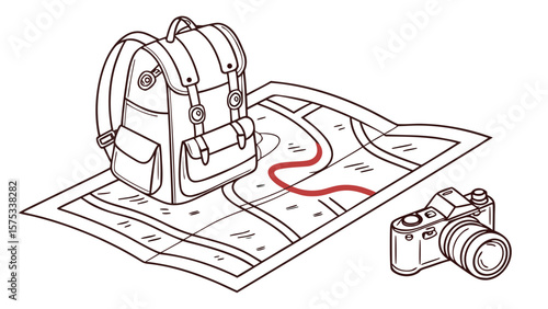 Planning a travel adventure with backpack map and camera ready for a photography journey of a lifetime