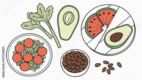 Healthy eating plate of avocado salad watermelon and coffee nutrition guide for balanced diet plan