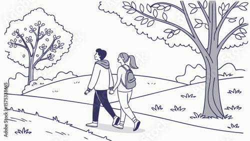 Couple walking in nature illustration vector design for outdoor activity and healthy lifestyle concept, 100 chars