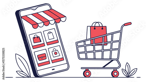 Mobile shopping app online store with shopping cart and bags for digital e commerce experience design