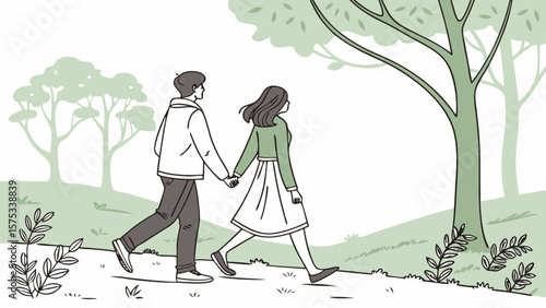Couple walking in nature park illustration, romantic walk in the park, love and relationship concept art