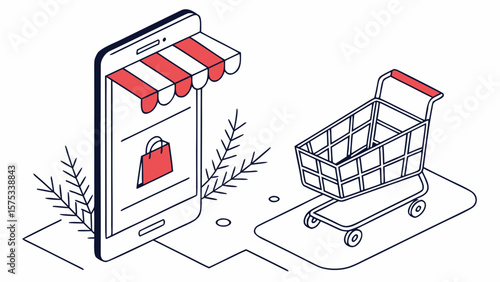 Online shopping app isometric design with shopping cart and bag for e commerce and retail concept