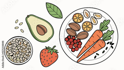 Healthy eating balanced diet food plate with avocado carrots and fruits for nutrition and wellness is good 100