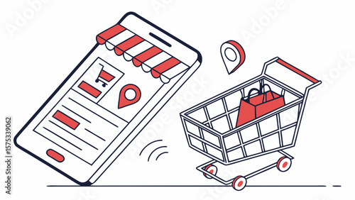 Online shopping on mobile app with shopping cart and location pin for ecommerce and retail business 100
