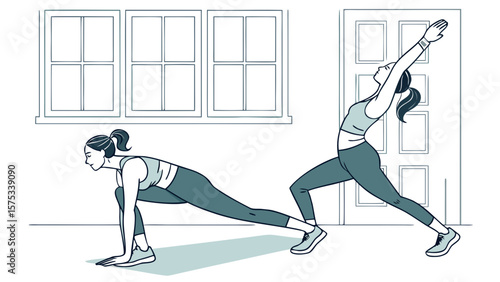 Woman doing yoga lunges exercise at home for fitness and wellness with window and door background design