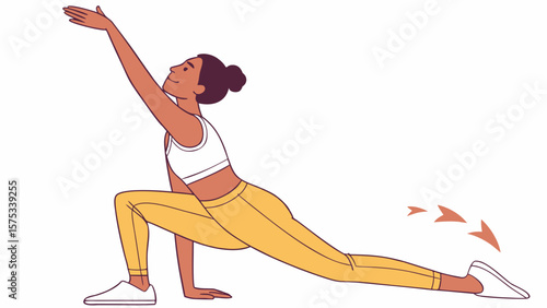 Woman doing yoga pose, low lunge with arm raised for fitness, exercise and healthy lifestyle routine