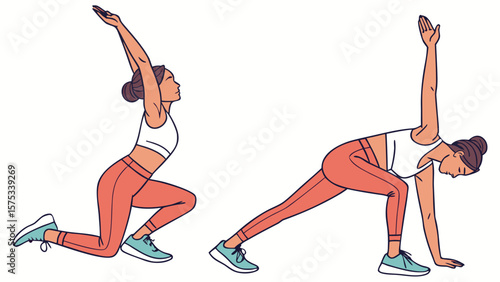 Woman doing yoga poses lunges and triangle pose for fitness workout routine and healthy lifestyle exercise