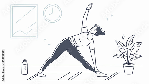 Woman practicing triangle pose yoga at home for wellness and flexibility exercise and healthy lifestyle routine