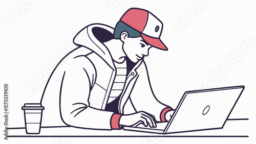 Man working on laptop vector illustration for freelance work and remote job concept design artwork one hundred