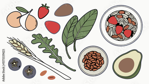 Healthy food illustration with fruits vegetables grains and seeds for balanced diet and nutrition 100